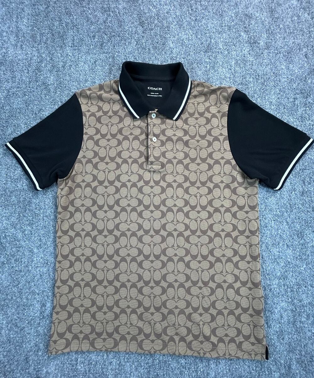 Coach Signature Print Polo Shirt Men's Medium Gray Black Logo Cotton Blend NWOT